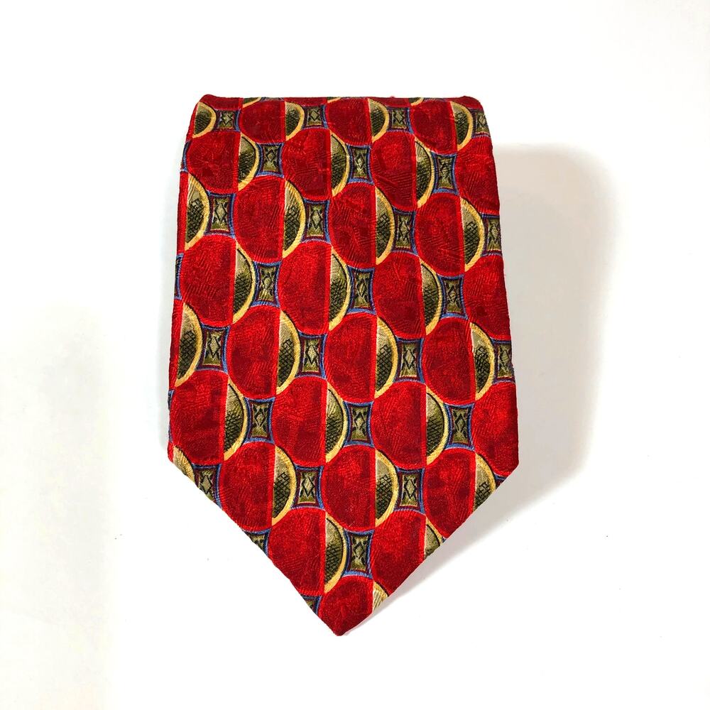 Robert Talbott Tie Red Gold Black Semi Circles Silk USA Hand Sewn Vintage XLong